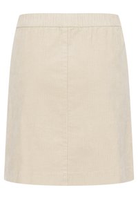 Jupe en velours côtelé beige avec taille élastique et texture côtelée verticale, longueur au genou et design simple.