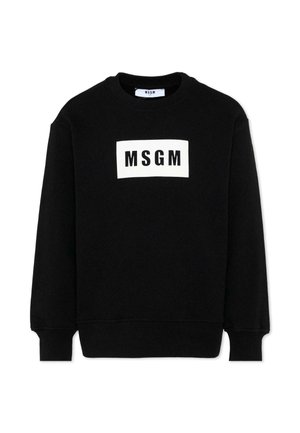 Czarna bluza z długimi rękawami i okrągłym dekoltem, z białą prostokątną naszywką na piersi z czarnym napisem "MSGM".