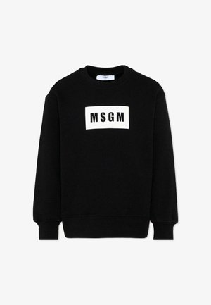 Sweatshirt noir à col rond avec manches longues et un patch rectangulaire blanc affichant le texte noir "MSGM" sur la poitrine.