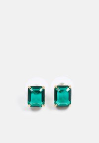 Pendientes de corte esmeralda con gema de color teal profundo, montados en un armazón en tono dorado. Las bases redondas y transparentes completan el diseño.