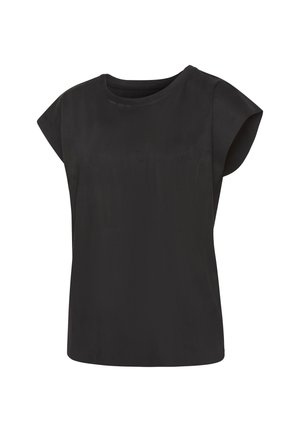 Black short-sleeve top with a round neckline, smooth texture, and a loose fit. Fabric appears lightweight and slightly shiny.