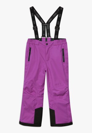 Fioletowe spodnie narciarskie z regulowanymi czarnymi szelkami, dwiema kieszeniami na zamek błyskawiczny, wzmocnionymi czarnymi dolnymi panelami i luźnym krojem.