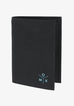 Portefeuille noir bi-pliant avec logo abstrait bleu clair en bas à droite, présenté partiellement ouvert sur fond blanc.