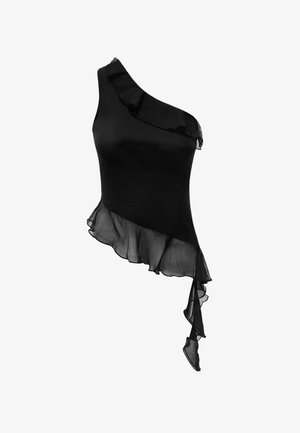 Zwarte één-schoudertop met een soepele satijnen afwerking en transparante ruches aan de onderrand, met een asymmetrisch ontwerp voor een elegante flair.