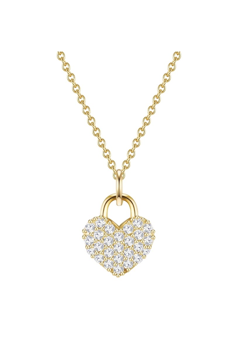 Collana con pendente a forma di cuore in oro, decorata con cristalli trasparenti scintillanti, sospesa a una delicata catena d'oro. Design semplice ed elegante.