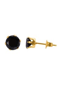 Boucles d'oreilles clous en ton doré présentant de grandes pierres noires facettées serties dans six griffes, avec un support épuré et un fermoir papillon.