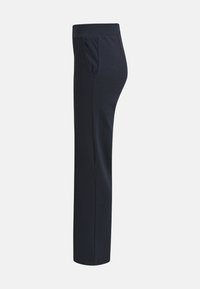 Navy blue trousers with a smooth texture, slim fit, elastic waistband, and side pockets; features clean, straight leg design.
