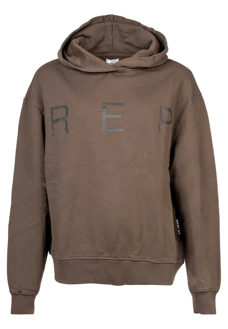 Bruine hoodie van zacht materiaal, voorzien van een voorzak, trekkoord in de capuchon en "REP" in donkergrijs gedrukt over de borst.