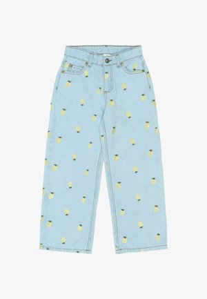 Lyseblå denim jeans med broderede gule ananas, brede ben, forlommer og knaplukning.