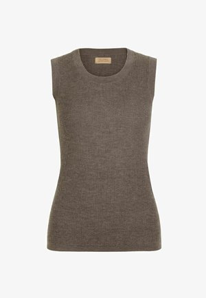 Ärmlös mörkbrun ribbad stickad topp med rund halslinning. Mjuk textur och figurnära passform, designad för mångsidighet i lager-på-lager.