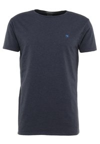 Navy blue cotton T-shirt with a crew neck, short sleeves, and a small blue logo on the left chest. Soft texture and casual fit.