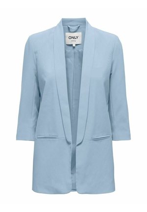 Jasnoniebieski długi żakiet z kołnierzem szalowym, rękawami do ćwiartki, dwoma przednimi kieszeniami z rozcięciami oraz metką marki "ONLY" wewnątrz kołnierza.