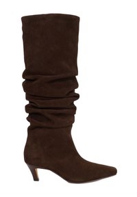 Brown suede knee-high boot with a gathered design, pointed toe, and a slender heel. Smooth texture and a relaxed fit at the top.