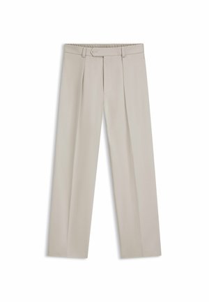 Pantaloni beige chiaro con un design a gamba larga, pieghe frontali e una vita elastica. Realizzati in tessuto morbido, dettagli hardware minimi.