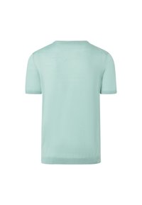 Světlá máta zelená krátká svetr s kulatým výstřihem a žebrovanými okraji. Hladká textura, jednoduchý design a bez viditelných vzorů.