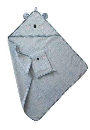 Light blue baby towel with hood and matching washcloth, both featuring a koala face and striped trim.