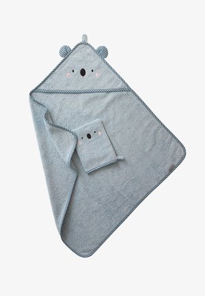Light blue baby towel with hood and matching washcloth, both featuring a koala face and striped trim.