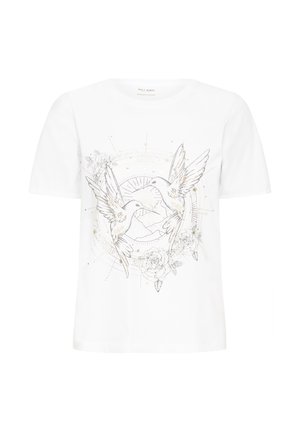 Fehér rövid ujjú póló elöl két madár ezüst grafikai ábrájával, virágmotívumokkal és geometriai mintákkal. Puha pamut anyagból.