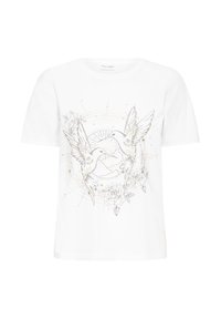 White short-sleeve t-shirt featuring a silver graphic of two birds, floral accents, and geometric designs on the front. Soft cotton material.