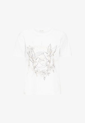 Valkoinen lyhythihainen t-paita, jossa hopeinen kuva kahdesta linnusta, kukka-aiheisia koristeita ja geometrisia kuvioita edessä. Pehmeää puuvillamateriaalia.