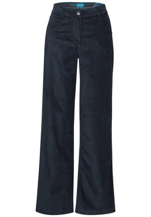 Pantalons large en velours côtelé bleu marine avec poches avant, fermeture à bouton et surface texturée. Les passants de ceinture sont également visibles.