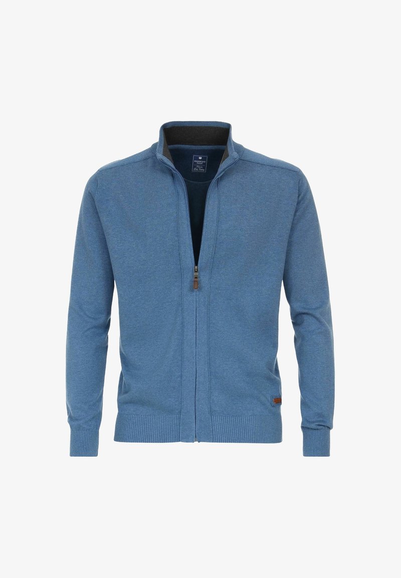 Cardigan bleu à fermeture éclair avec poignets et ourlet côtelés, col montant et une petite pièce marron près de la taille.