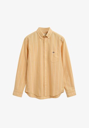 Hellgelbes Hemd mit Knopfleiste und weißen vertikalen Streifen, einer Brusttasche und einem spitzen Kragen. Hergestellt aus atmungsaktivem Material.