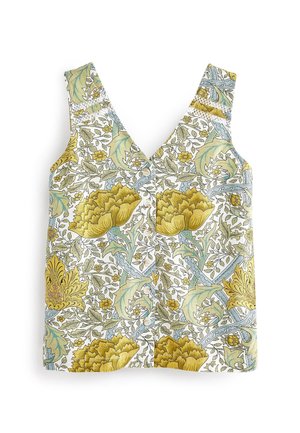 Mouwloze V-hals blouse met knopen aan de voorkant, met een bloemenpatroon in geel, groen en blauw op een witte achtergrond.