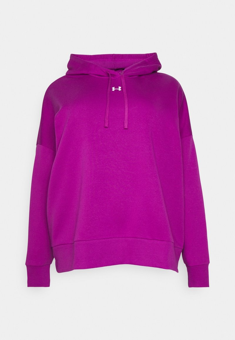 Hoodie à manches longues de couleur violet vif avec des cordons de serrage à l'avant et un petit logo blanc centré sous le col, présenté sur un fond blanc.