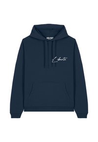 Sweat à capuche bleu marine en mélange de coton, avec une poche kangourou à l'avant et le texte blanc en cursive "Liberté" sur la poitrine.