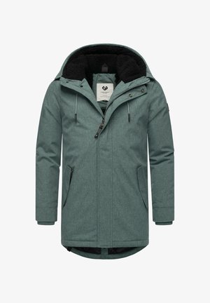 Türkise lange Jacke mit einer weichen, schwarz gefütterten Kapuze, Reißverschluss vorne und zwei seitlichen Taschen. Verfügt über einen strukturierten Stoff und verstellbare Kordelzüge.