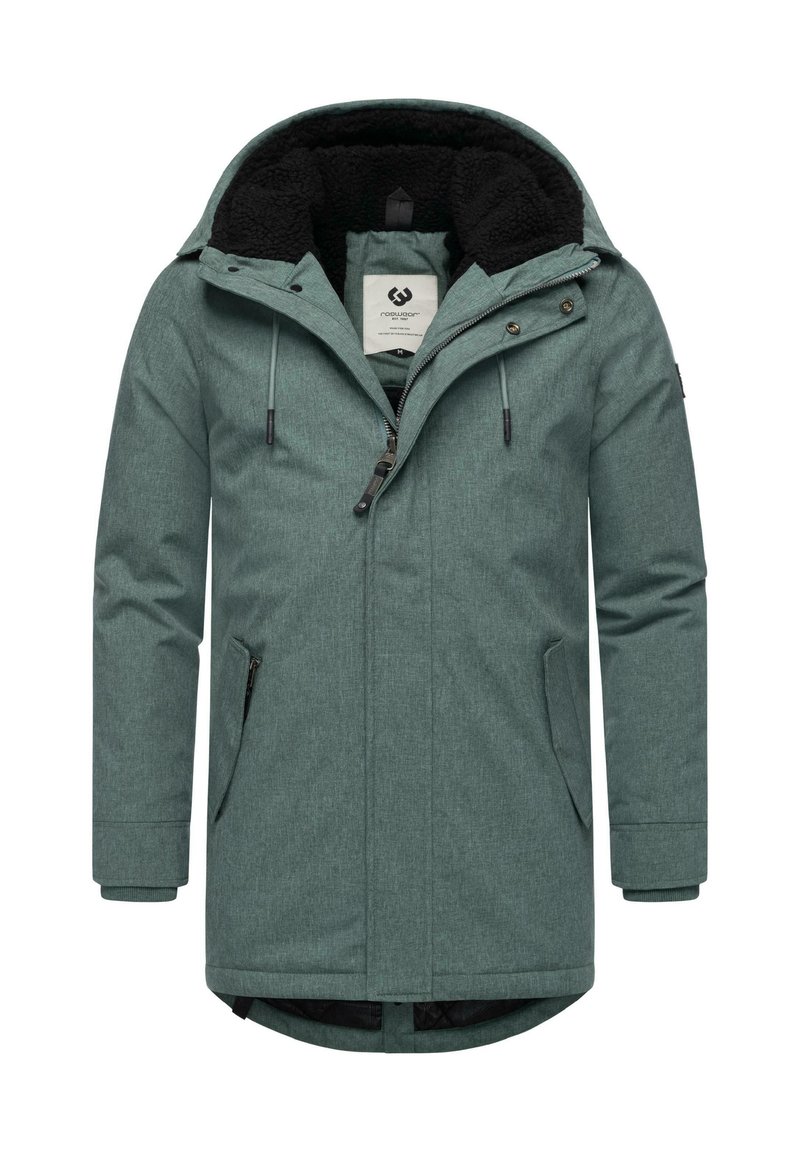 Jachetă lungă teal cu o glugă moale căptușită cu fleece negru, cu fermoar în față și două buzunare laterale. Prezintă un material texturat și șnururi ajustabile.