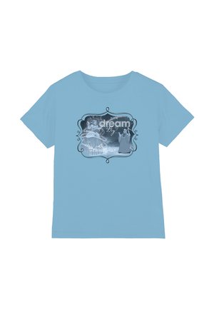 Light blue cotton t-shirt featuring a graphic design with a frame, text "dream big," and stylized characters in black and white.
