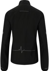 Schwarze Radjacke mit langen Ärmeln, reflektierendes Pulslinien-Design auf der Rückseite und feiner reflektierender Streifen entlang des Kragens.