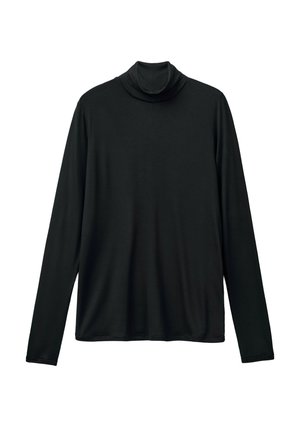 Zwarte lange mouw turtleneck shirt met een gladde textuur, plat weergegeven op een witte achtergrond zonder zichtbare logo's of patronen.