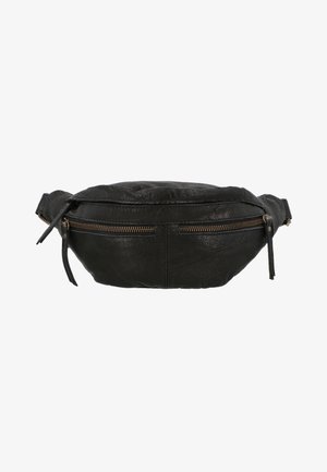 Schwarze Lederbauchtasche mit runder Form, ausgestattet mit zwei Reißverschlusstaschen und einer strukturierten Oberfläche. Verstellbarer Gurt angebracht.