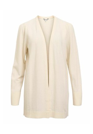 Šviesiai beige megztinis su V formos iškirpte, ilgomis rankovėmis ir tekstūruotu žvejo modeliu. Atviras priekinis dizainas, minkšta medžiaga ir gumbuota apykaklė.