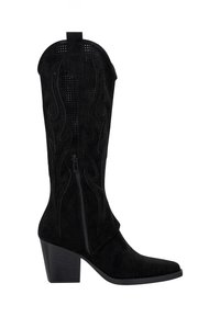 Botas de ante negras de estilo western con diseño perforado, punta afilada, tacón de bloque de tamaño medio y costura decorativa de llamas. Cierre con cremallera en el lateral.