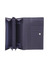 Portefeuille en cuir navy avec plusieurs emplacements pour cartes, deux compartiments zippés et une fermeture à bouton-pression. Texture lisse avec un design minimaliste.