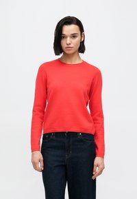 Suéter de punto rojo con cuello redondo, mangas largas y cintura ajustada, combinado con jeans de mezclilla oscura. La textura parece suave y lisa.
