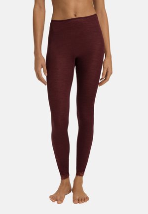 Burgunderfarbene gerippte Leggings mit einem breiten Taillenbund und Spitzenbesatz an den Knöcheln, aus einem weichen, dehnbaren Stoff gefertigt.