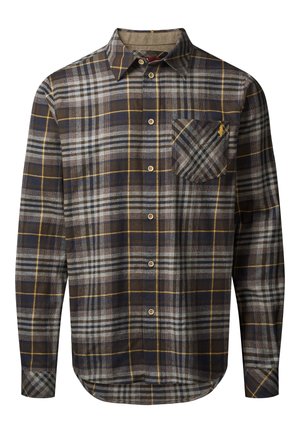 Chemise à carreaux pour homme en marron, gris et marine, dotée d'un col button-down, d'une poche poitrine et de lignes jaunes contrastantes. Matière en coton.