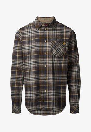 Férfi kockás ing barna, szürke és tengerészkék színekben, gombos gallérral, mellzsebekkel és kontrasztos sárga csíkokkal. Pamut anyag.