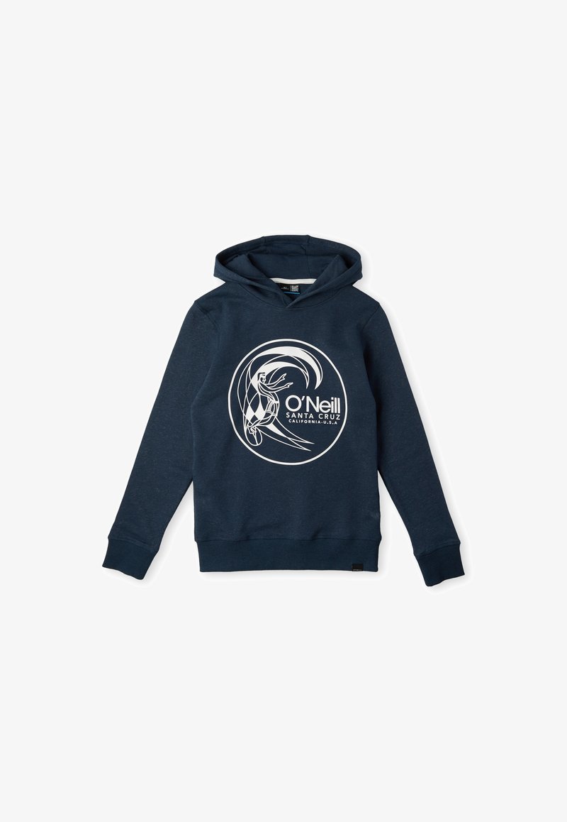 Sweat à capuche bleu marine en tissu doux, arborant un logo circulaire blanc avec un design de surfeur. Poignets et ourlet côtelés. Style simple et décontracté.