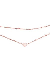 Rose guld halskæde med to lagdelte kæder, der har små runde perler og en central hjertevedhæng. Glat overflade, delikat design.