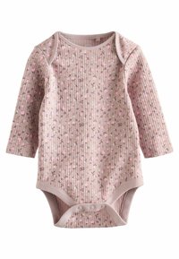 Body per neonati a maniche lunghe di colore rosa, con un motivo floreale piccolo e bottoni a pressione all'inguine su sfondo bianco.