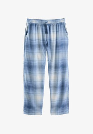 Pantaloni cu un model în carouri albastre deschise, confecționați dintr-un material moale, având un waistband elastic cu șnur și buzunare laterale.