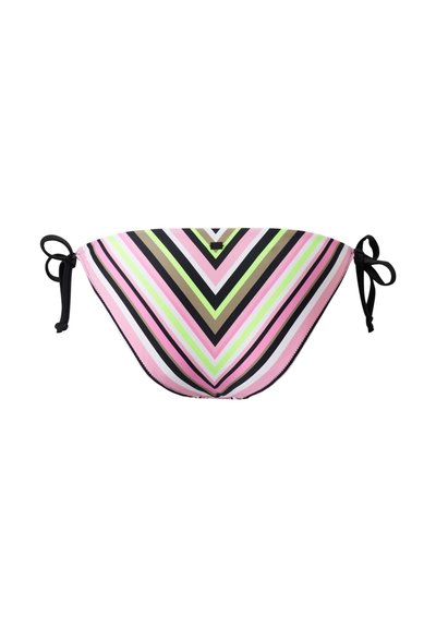 Multicolored bikini bottom featuring a chevron pattern in pink, green, black, and white. Ties at sides, made from stretchy fabric.
