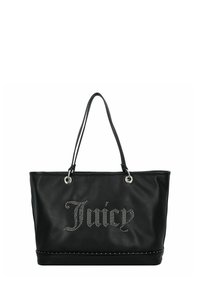 Zwarte tote bag van synthetisch leer met zilverkleurige accenten. Voorzien van kristallen letters "Juicy" en een gestikte onderkant. Dubbele handvatten.