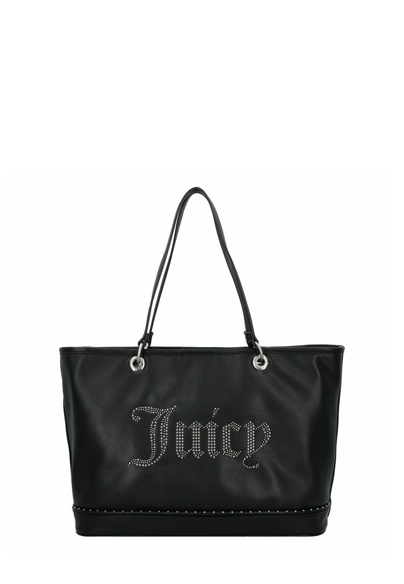 Zwarte tote bag van synthetisch leer met zilverkleurige accenten. Voorzien van kristallen letters "Juicy" en een gestikte onderkant. Dubbele handvatten.